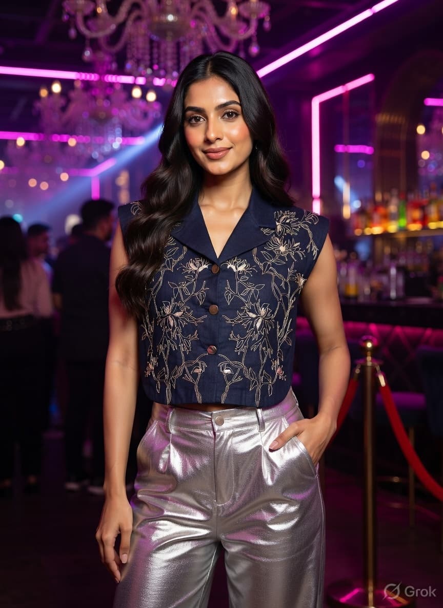 Dark Blue Embroidered Crop Top