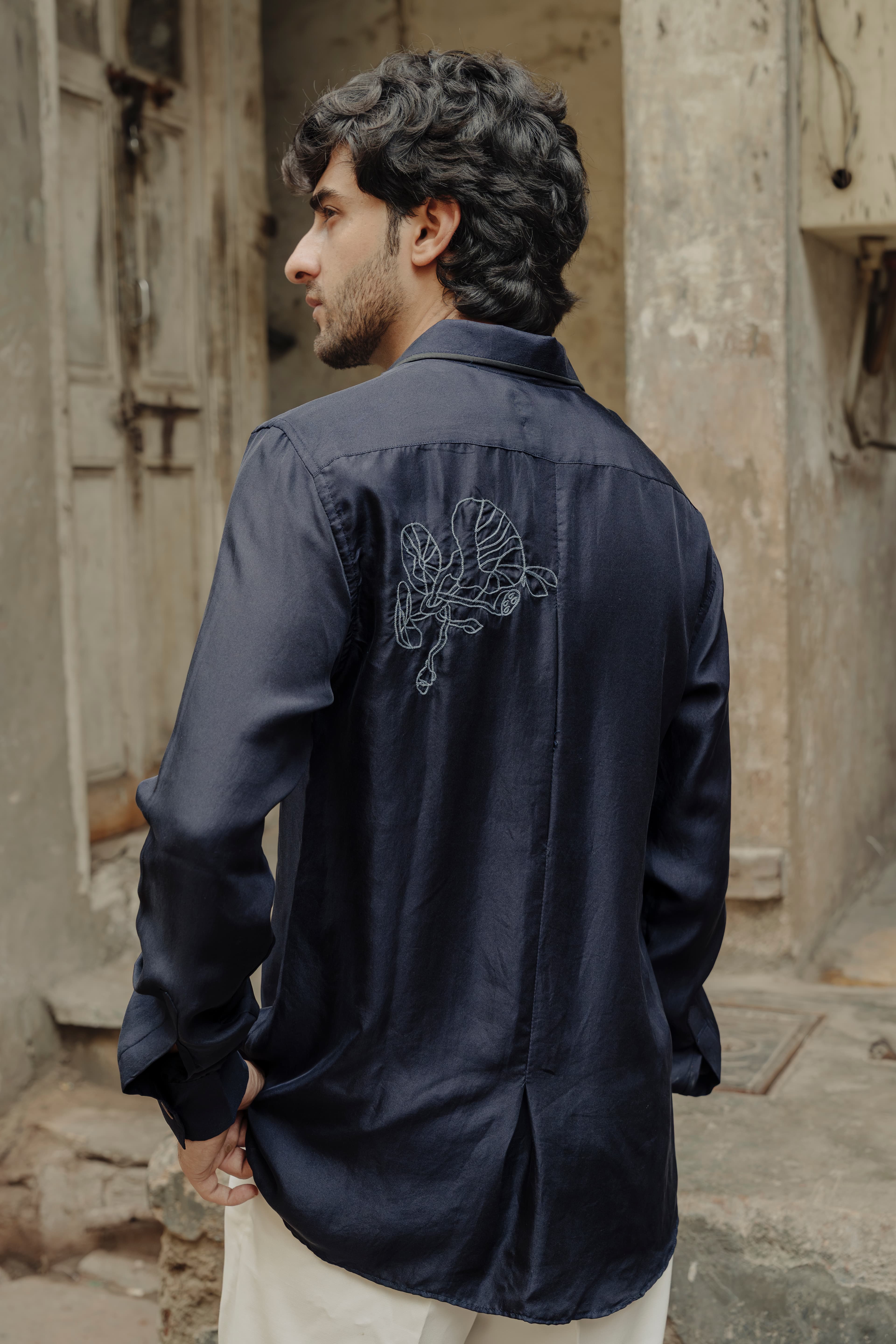 Blue Embroidered Silk Shirt