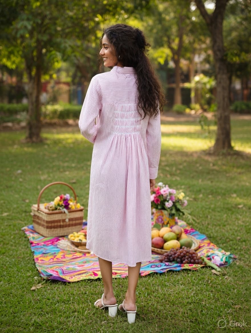 Pink Stripes Gathered Long Dress